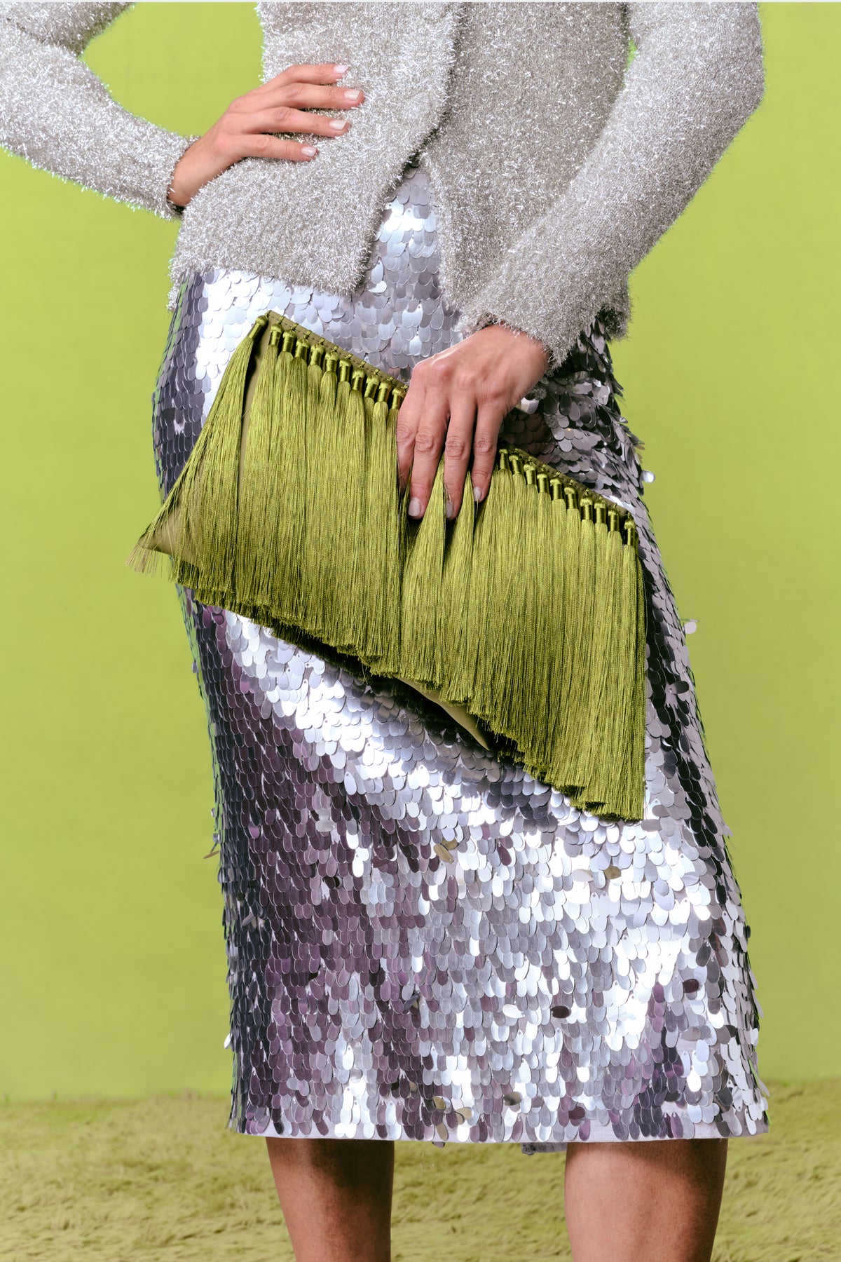 Tassel Boxy Clutch In Moss Green