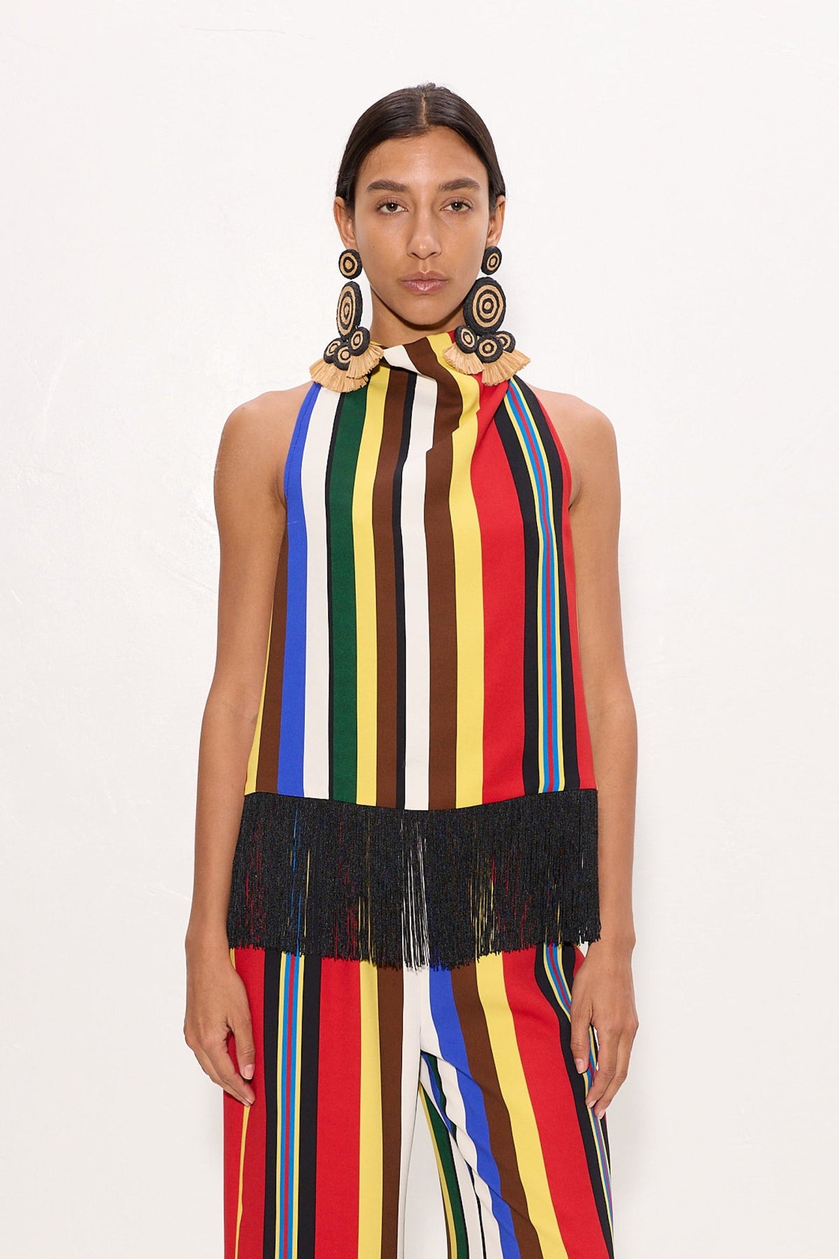 Tia Crepe Fringe Top In Primary Stripe