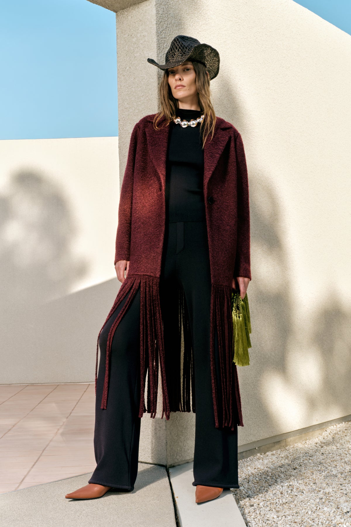 Vero Fringe Coat In Bordeaux