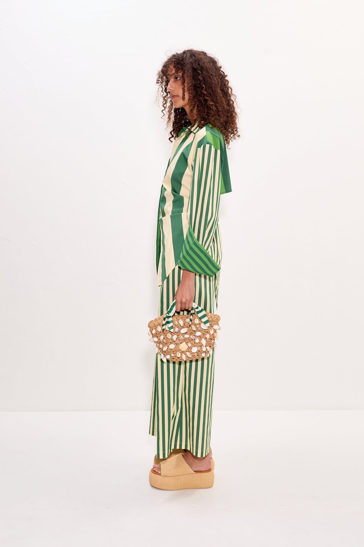 Loch Poplin Button Up in Green Stripe Combo