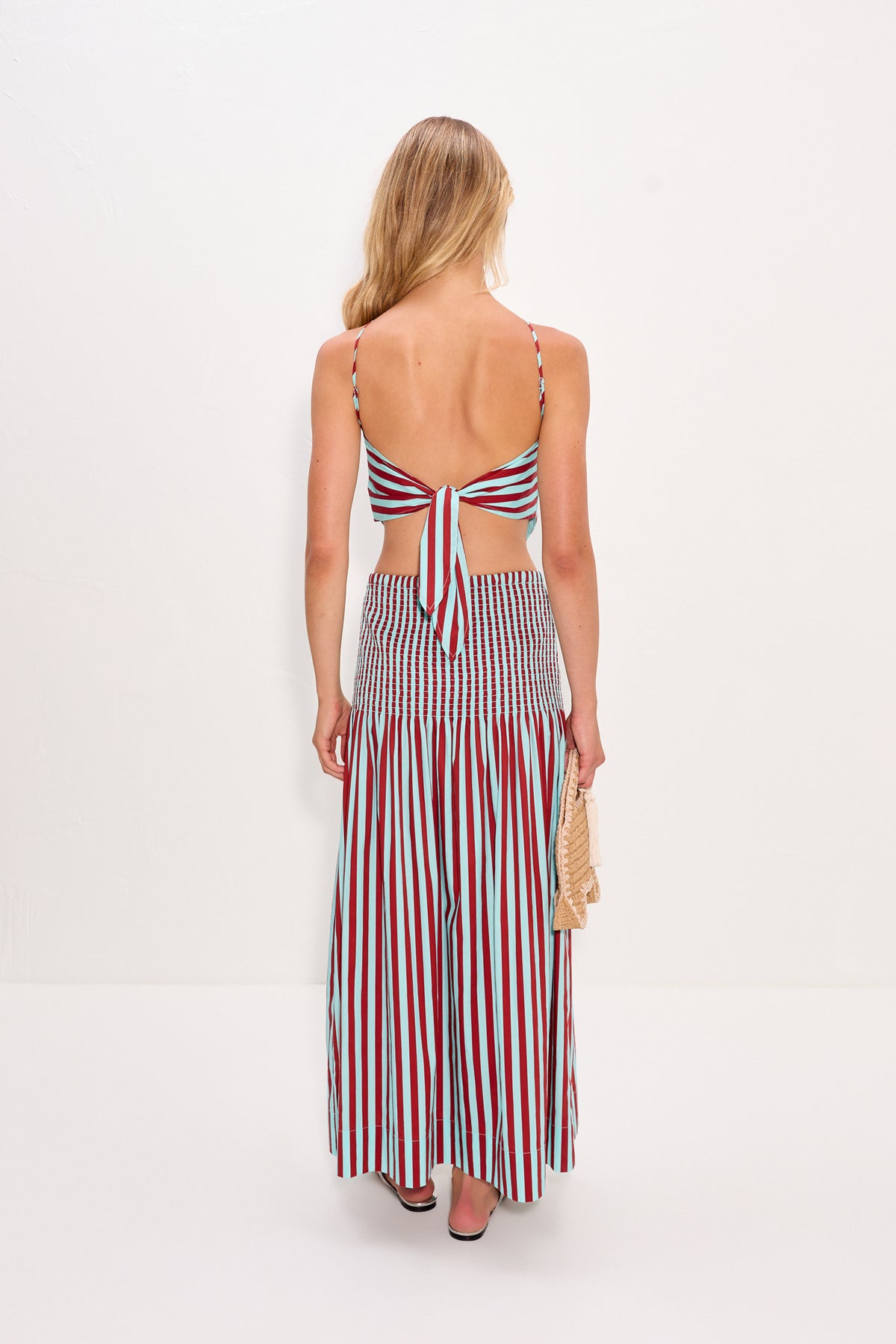 Kit Poplin Tie Top In Salted Blue/Crimson