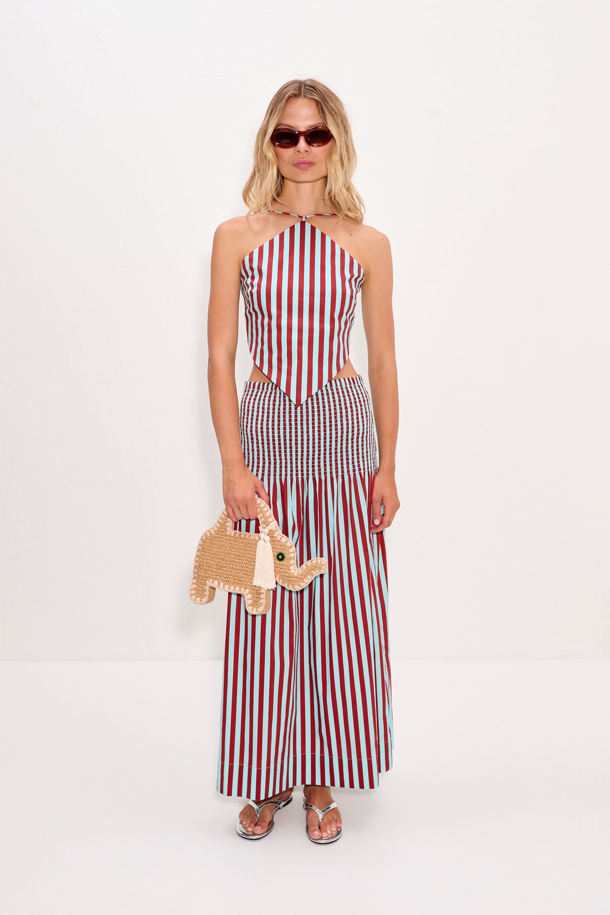 Kit Poplin Tie Top In Salted Blue/Crimson