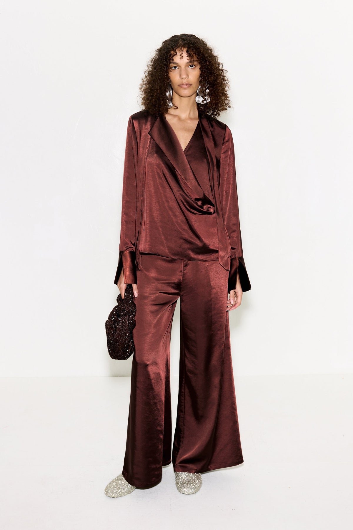 NELLA SATIN WIDE LEG PANT IN CHOCO BROWN