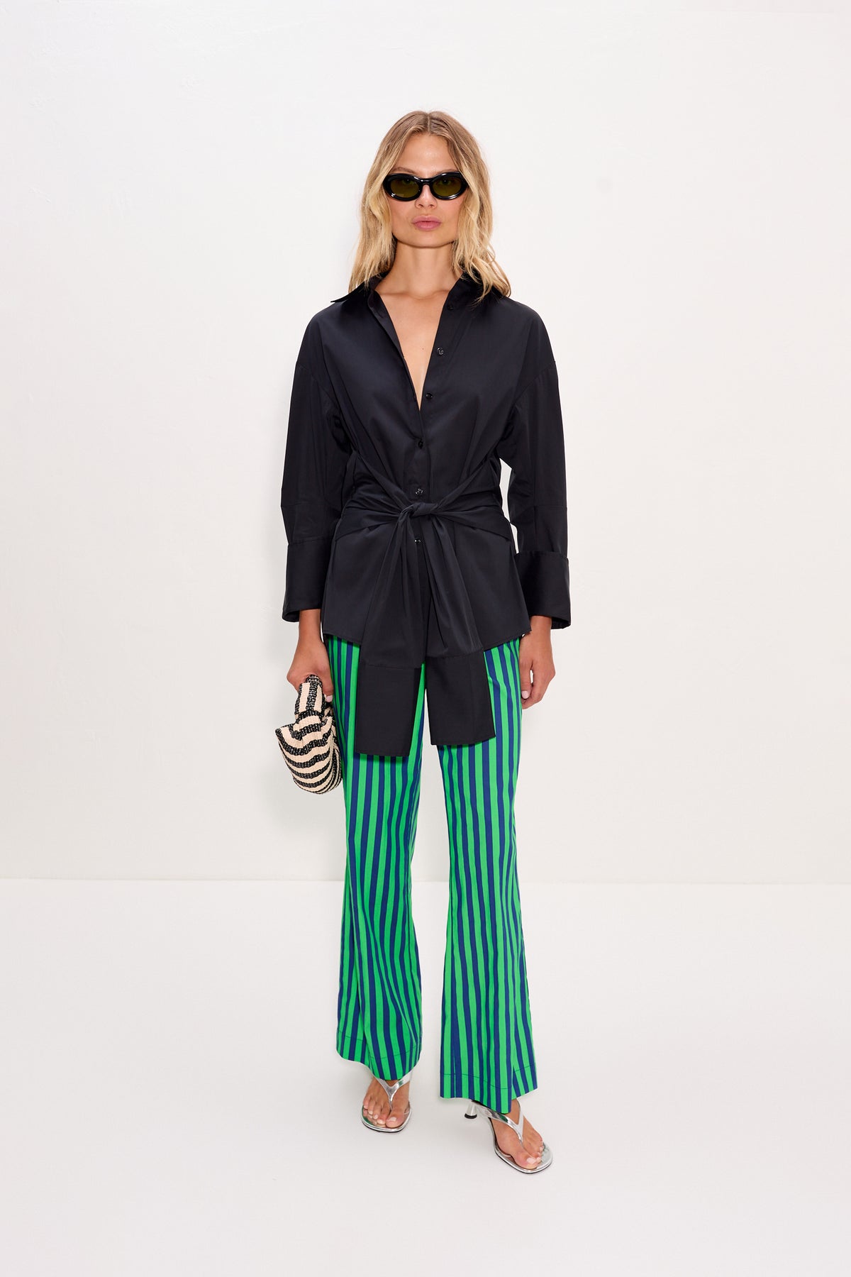Pia Poplin Pant In Navy/Grass Green