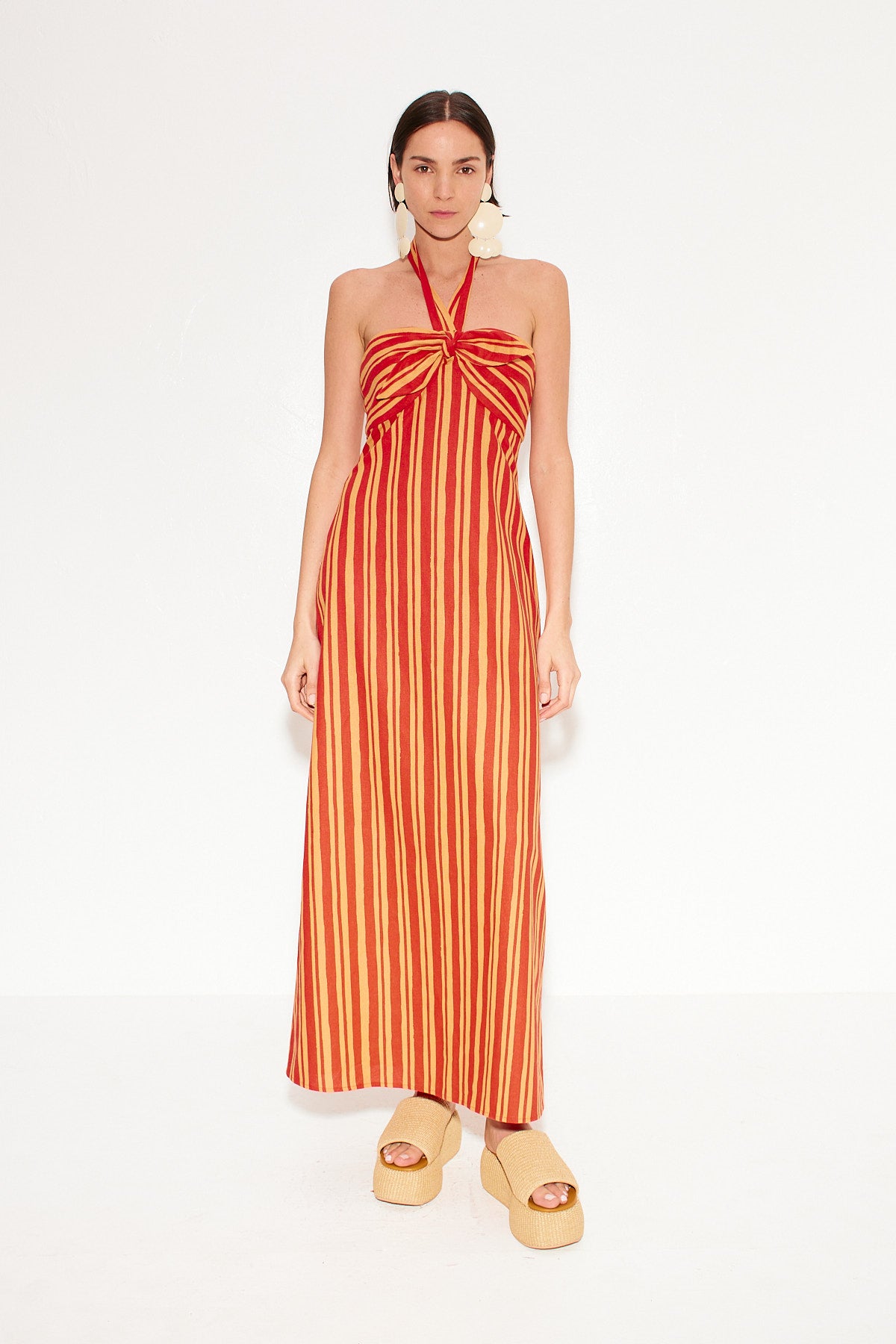 Del Linen Dress in Retro Red Orange Stripe