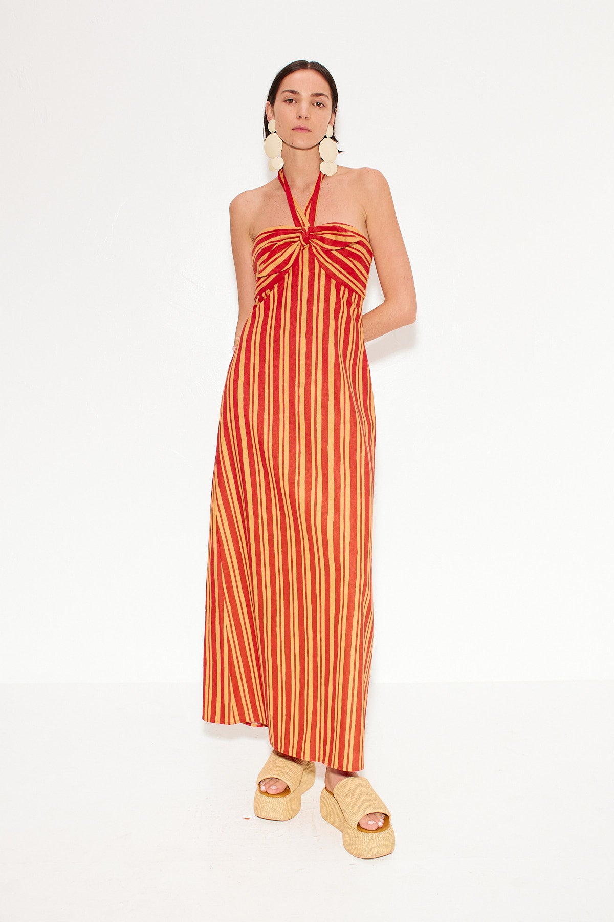 Del Linen Dress in Retro Red Orange Stripe