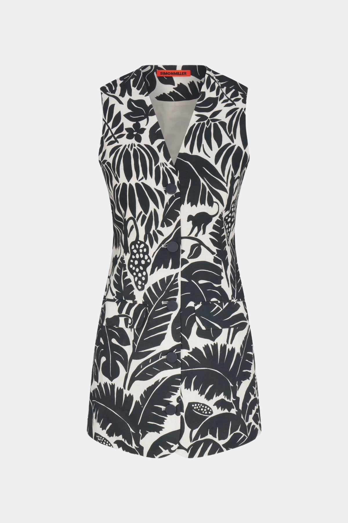 Carob Printed Linen Mini Dress in Black/Macadamia Acapulco Print | SIMONMILLER Simon Miller Carob Printed Linen Mini Dress in Black/Macadamia Acapulco Print | SIMONMILLER Simon Miller