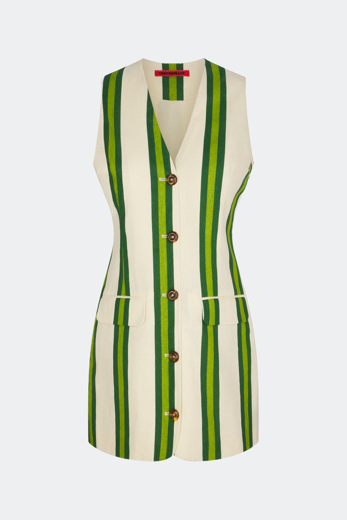 Carob Printed Linen Mini Dress in Cream/Green Stripe