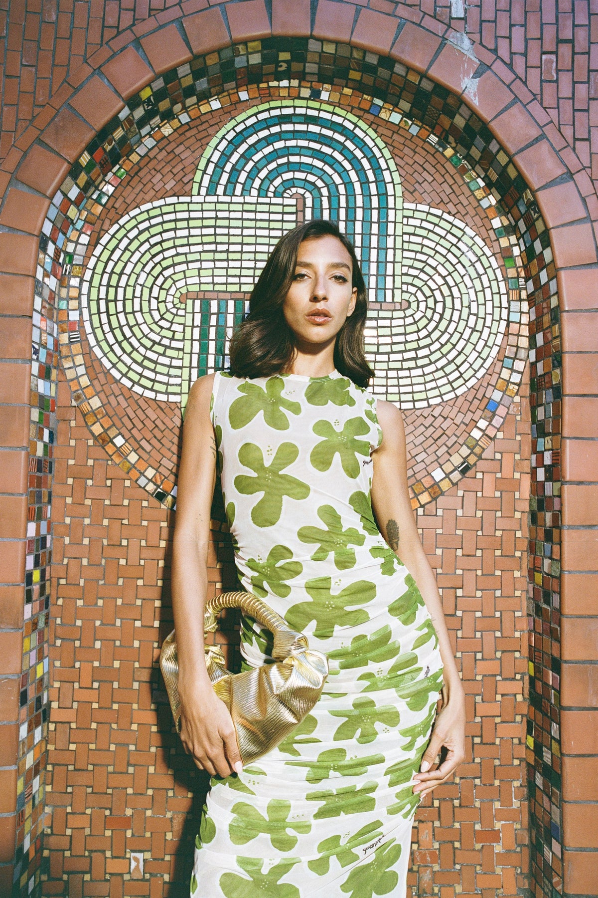 Tangier Printed Mesh Dress in Green/Seashell Floral