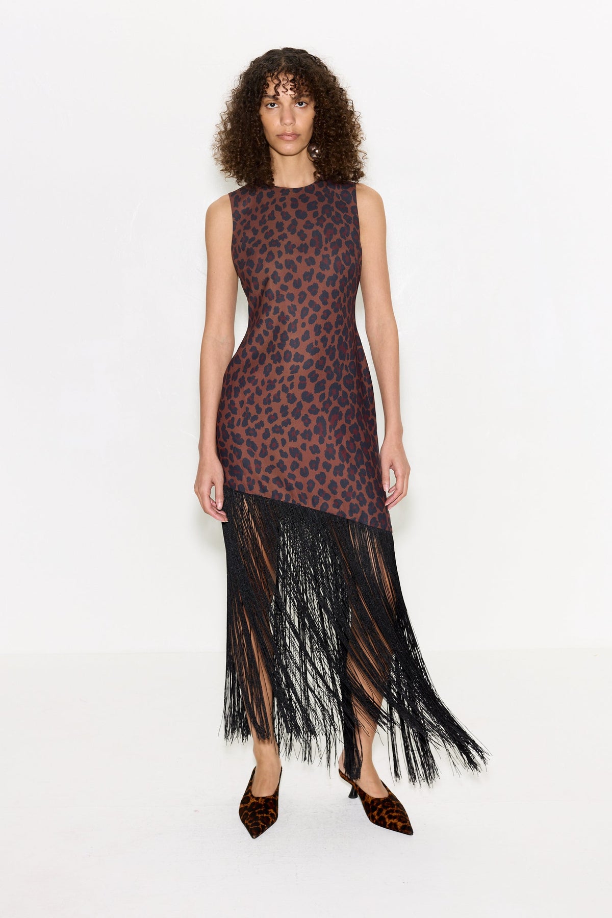 CASABLANCA CREPE FRINGE DRESS IN CHOCO BROWN LEOPARD