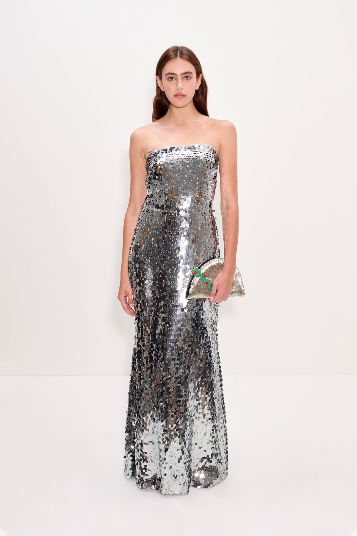 Sculpty Strapless Sequin Dress In Satellite Silver