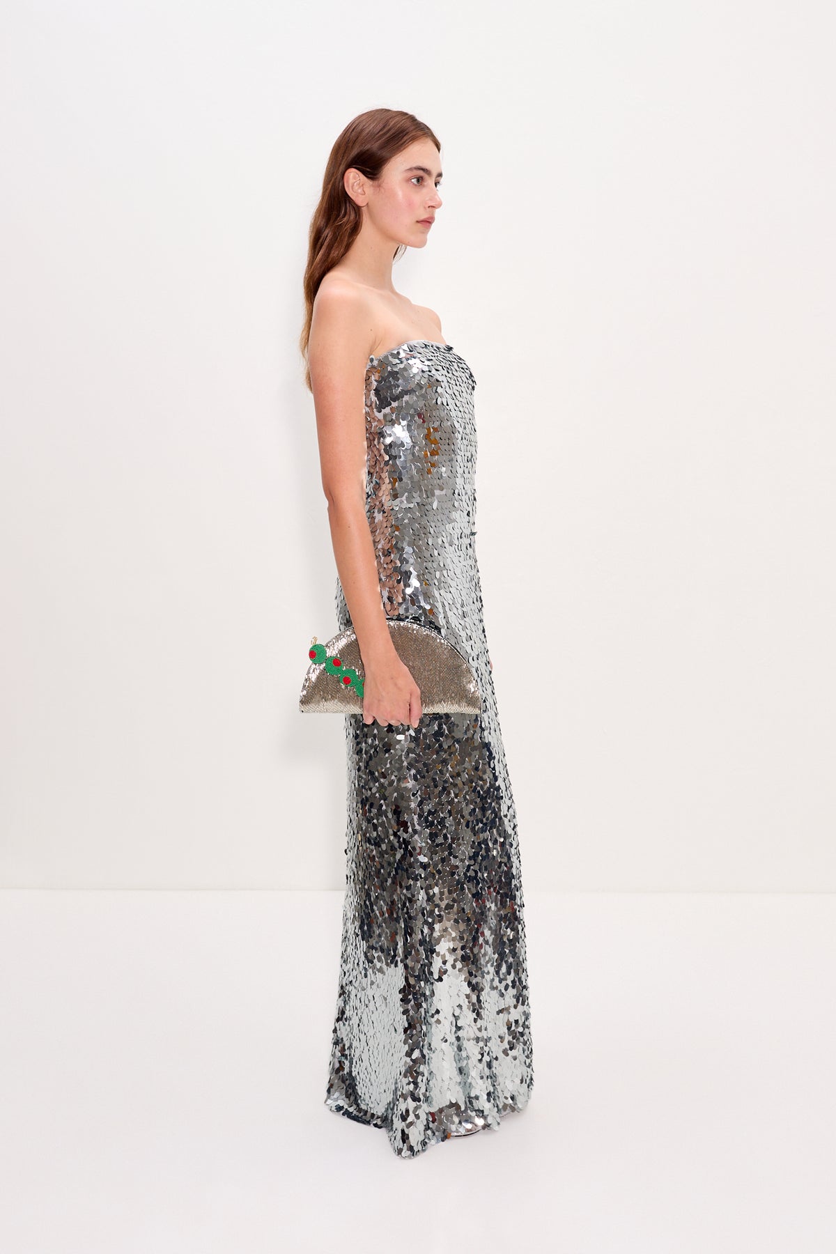 Sculpty Strapless Sequin Dress In Satellite Silver