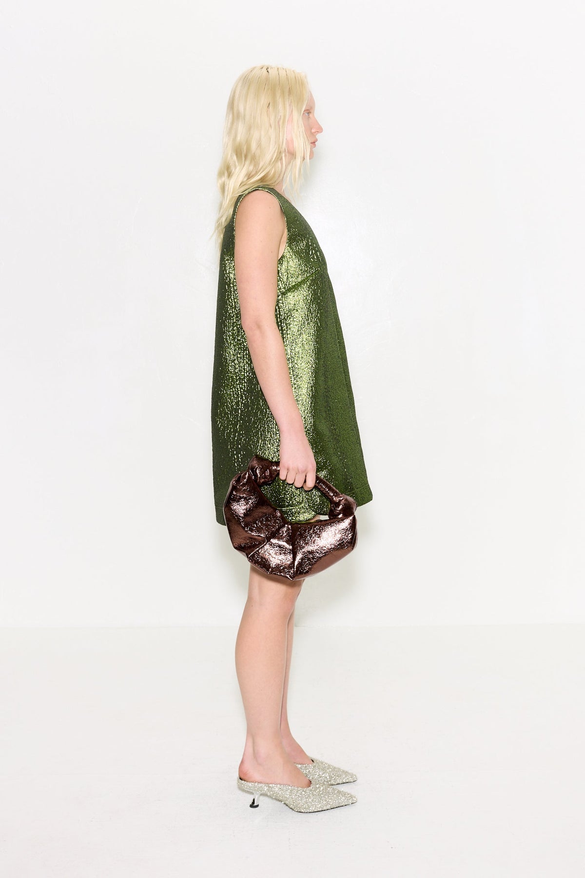 Fountain Metallic Mini Dress In Matcha