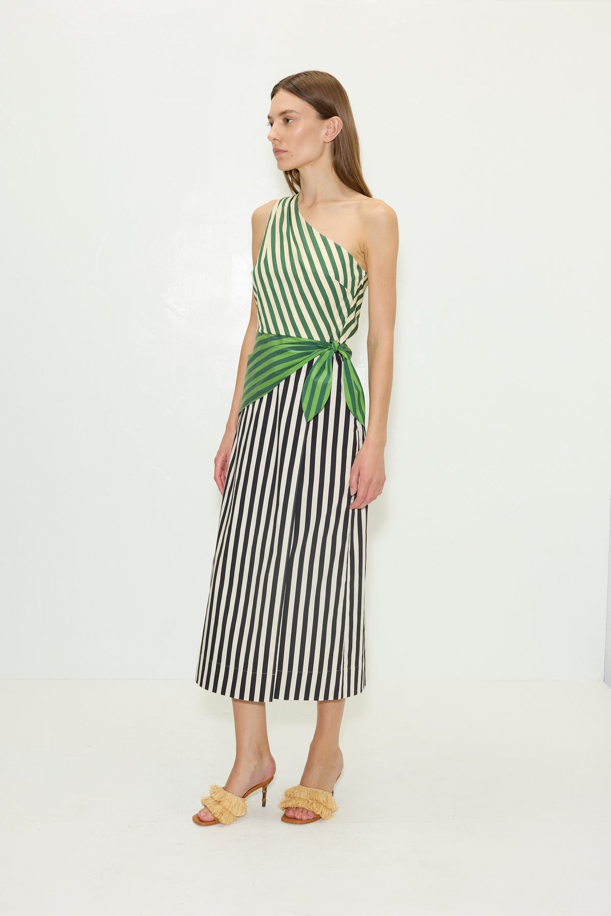 Belem Poplin Midi Dress in Green Multi Stripe Combo