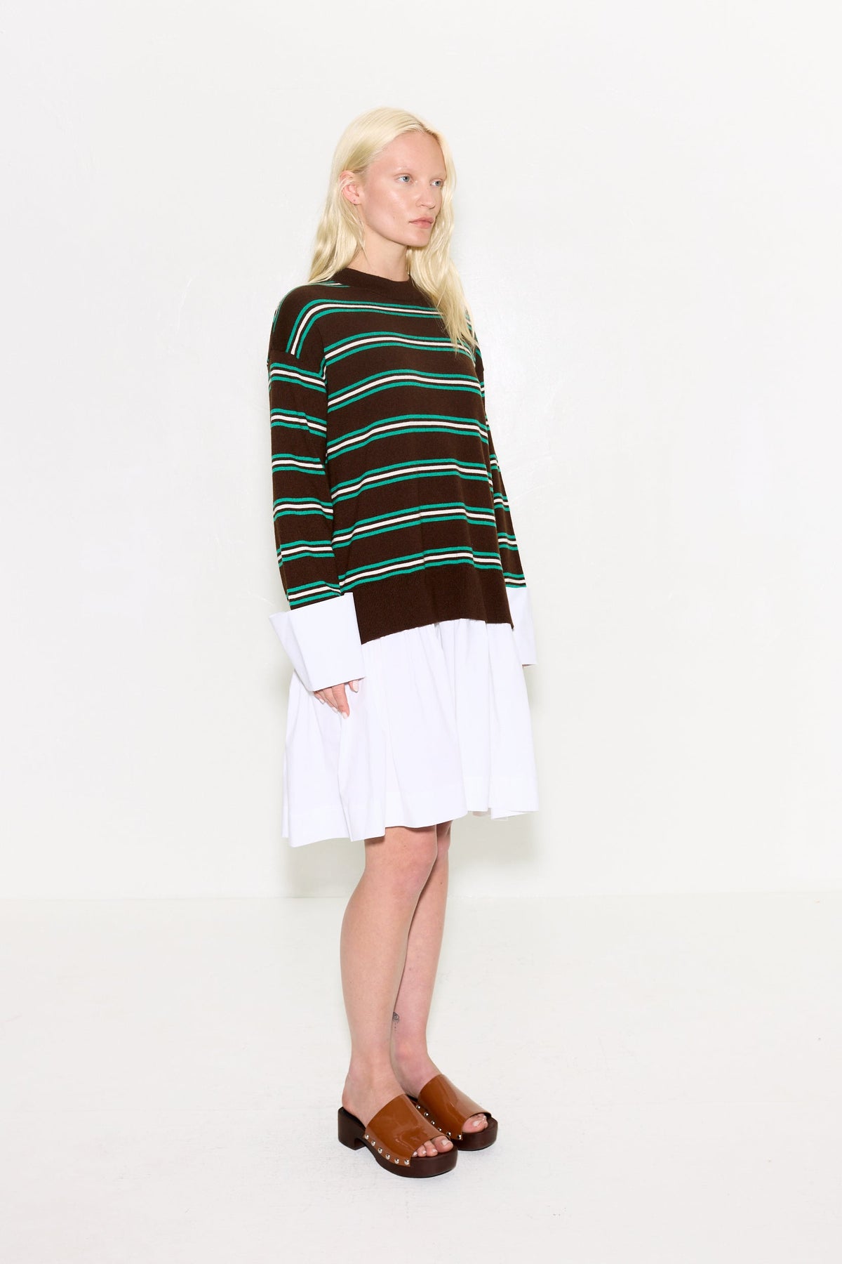 Pip Poplin Combo Dress In Brown/Zingy Green Stripe & Macadamia