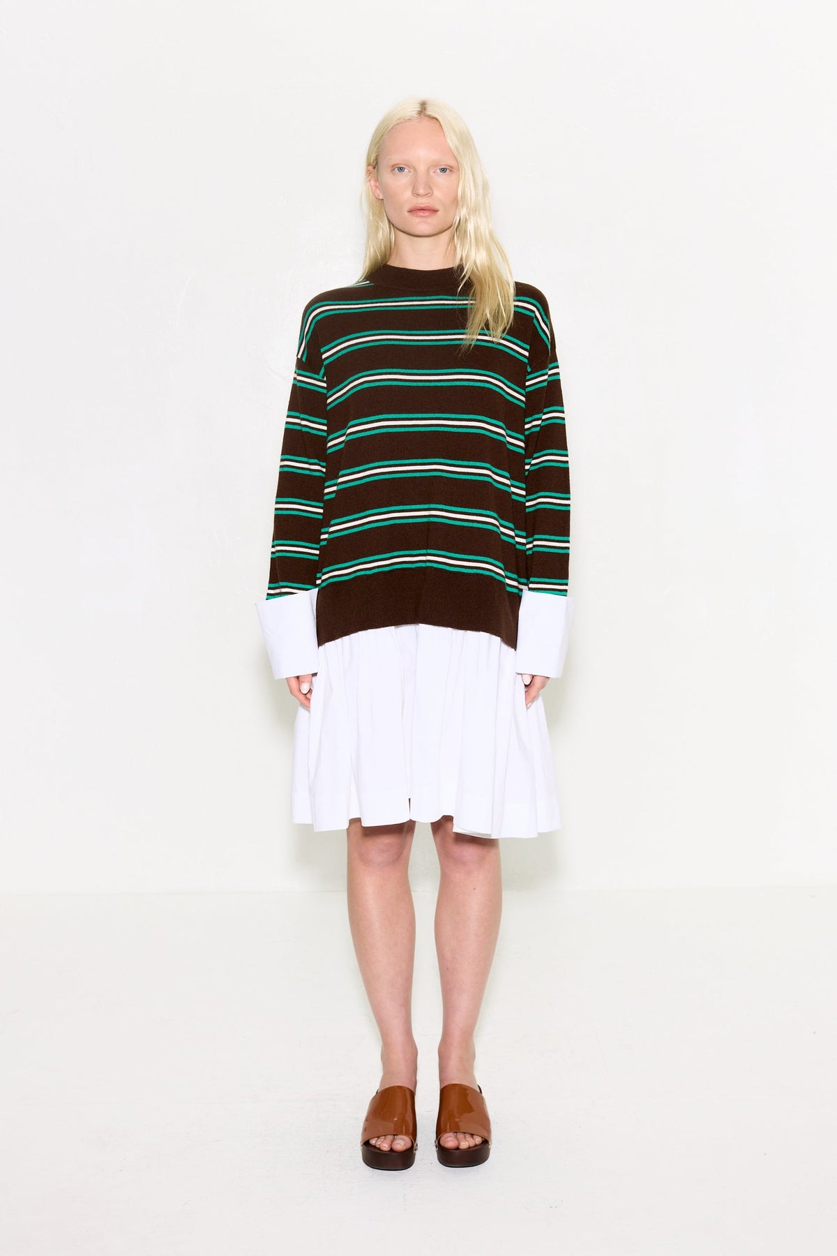 Pip Poplin Combo Dress In Brown/Zingy Green Stripe & Macadamia