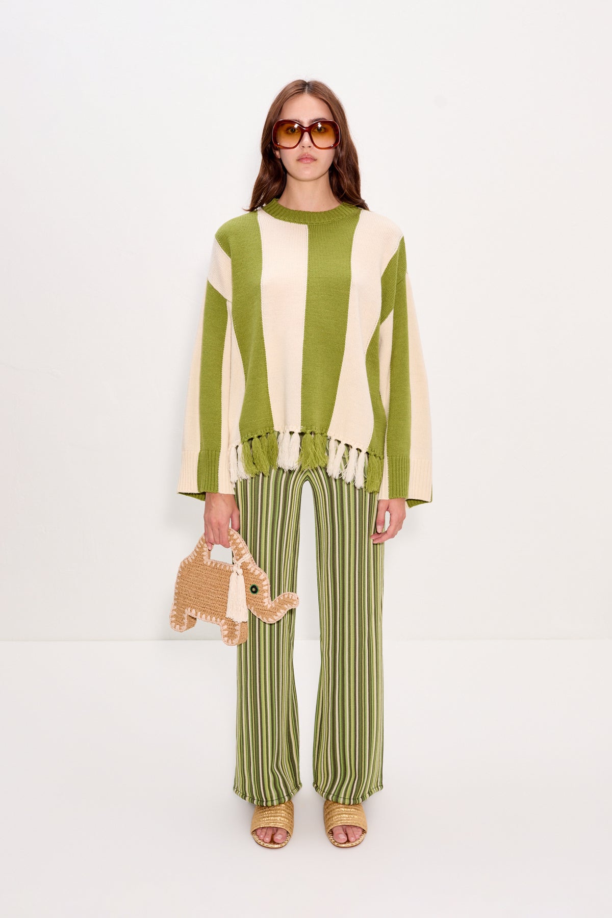 Faye Tassel Sweater In Moss Green/Cream