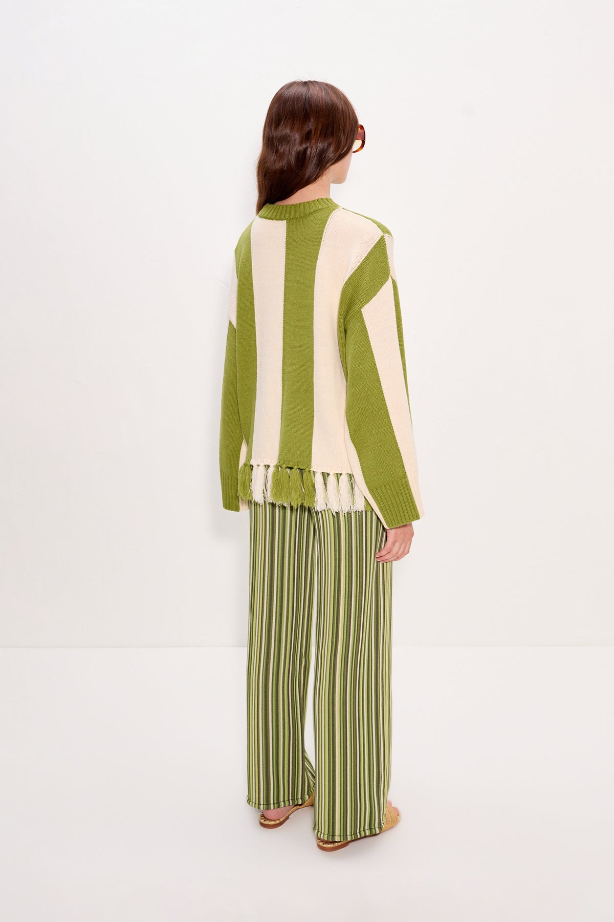 Faye Tassel Sweater In Moss Green/Cream