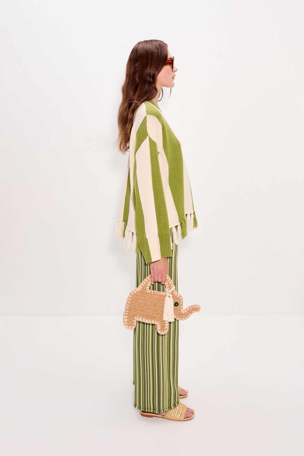 Faye Tassel Sweater In Moss Green/Cream