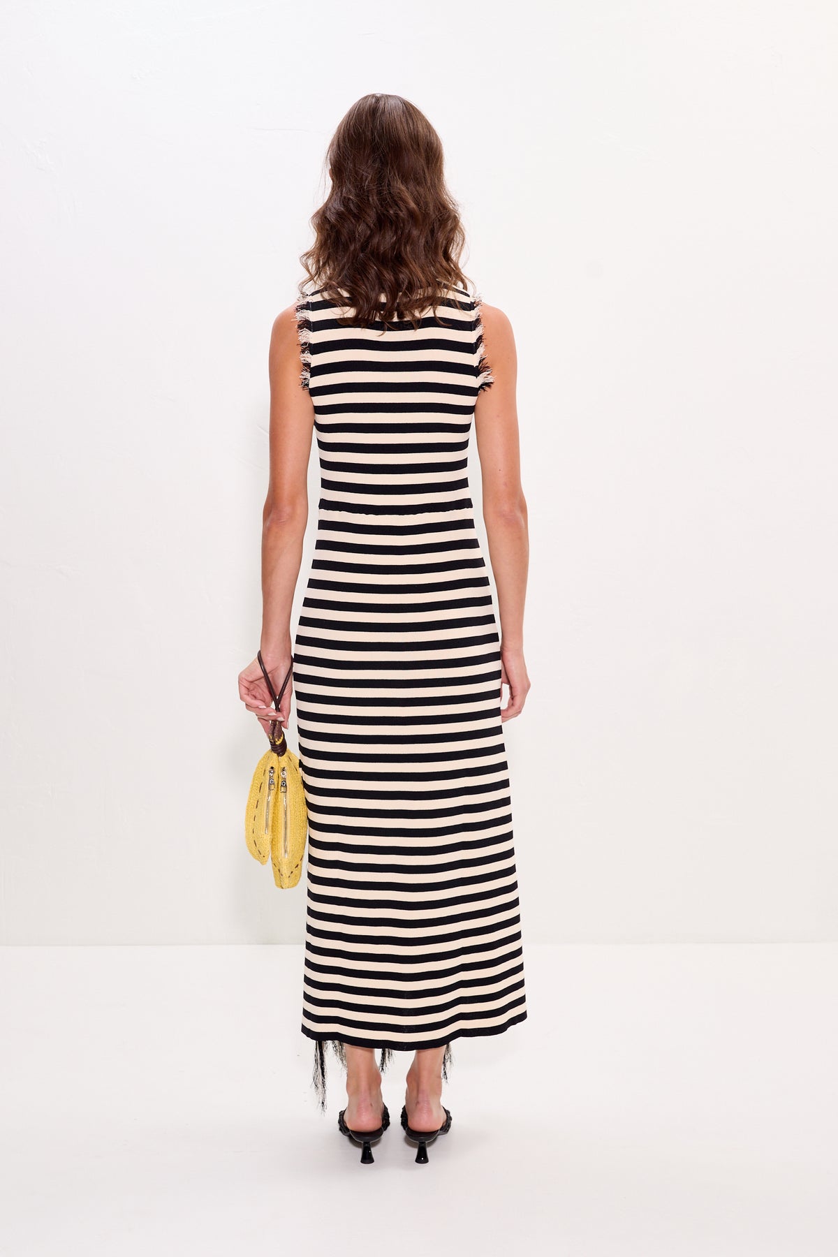 Sabine Fringe Knit Dress in Black/White Stripe