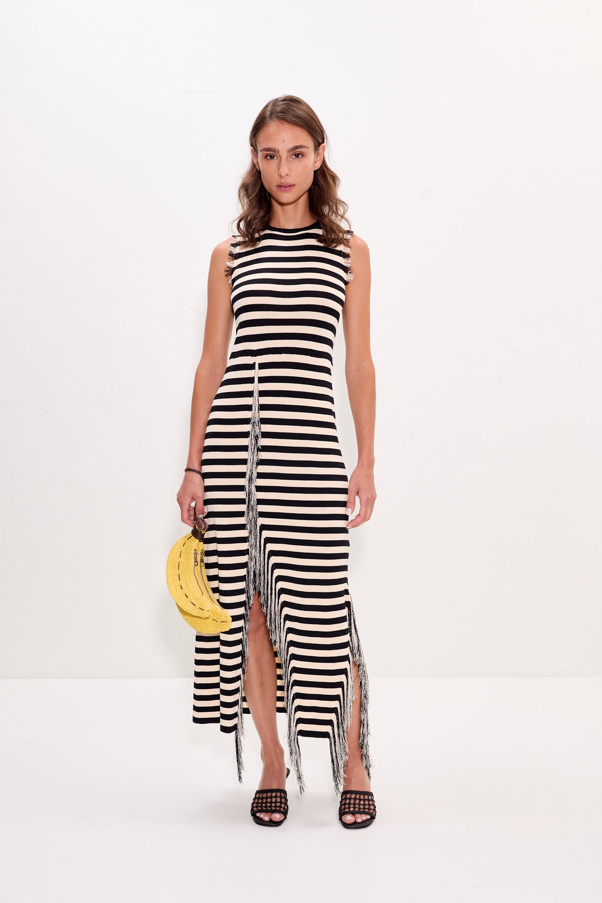 Sabine Fringe Knit Dress in Black/White Stripe