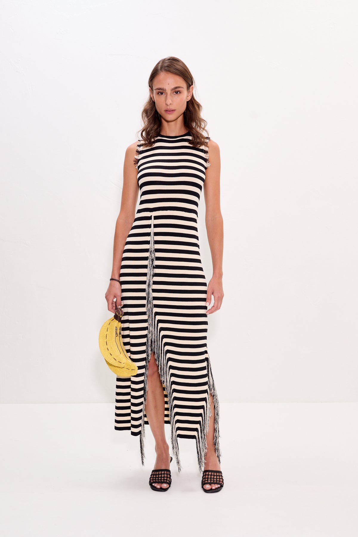 Sabine Fringe Knit Dress in Black/White Stripe