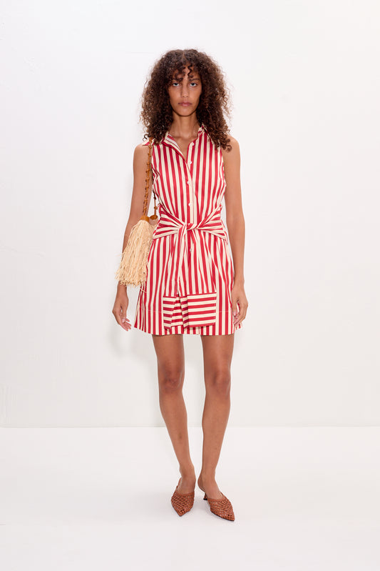 Inna Sleeveless Poplin Mini Dress in Venetian Red Stripe