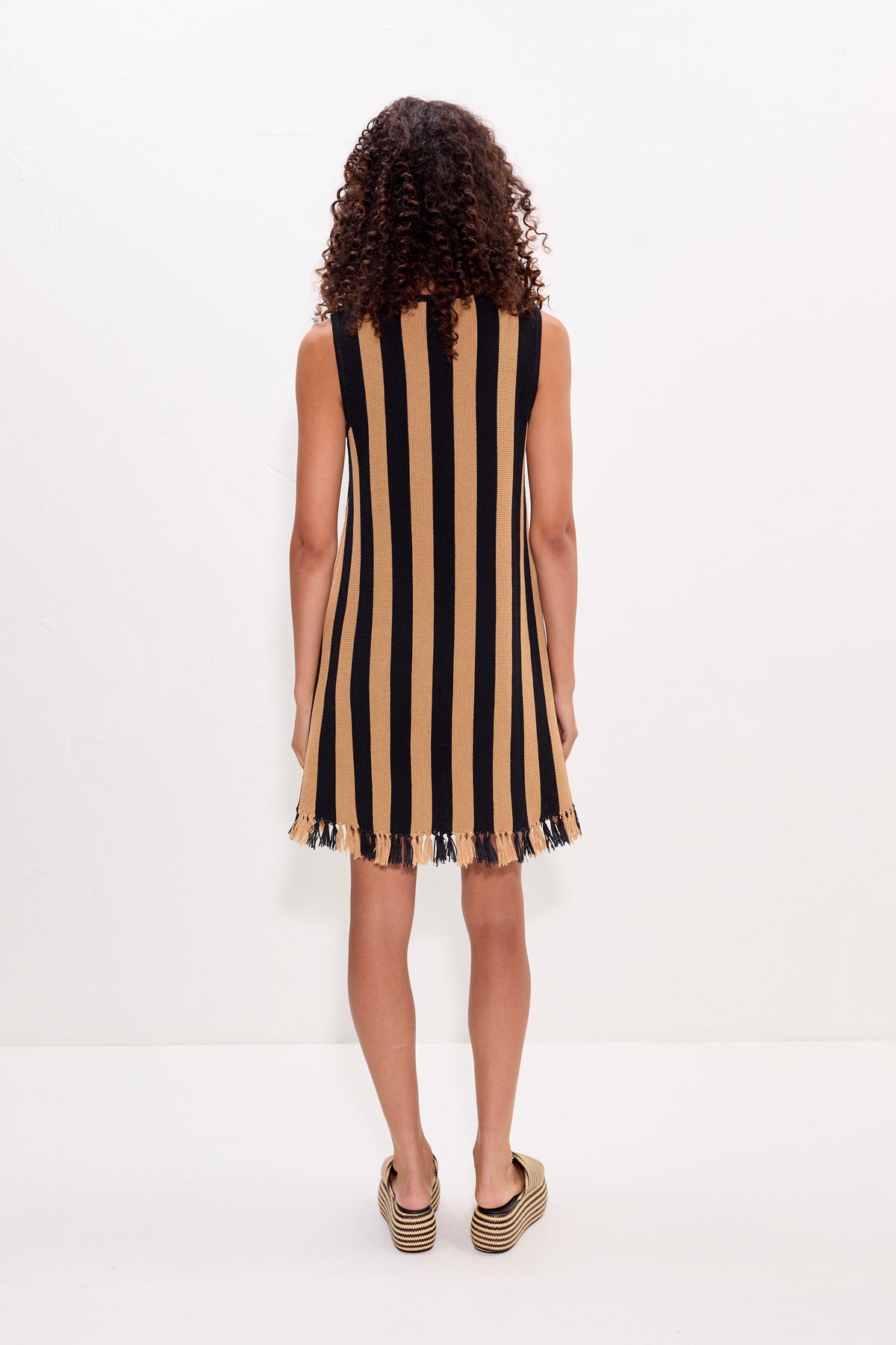 Moji Stripe Tassel Mini Dress in Black/Natural Combo