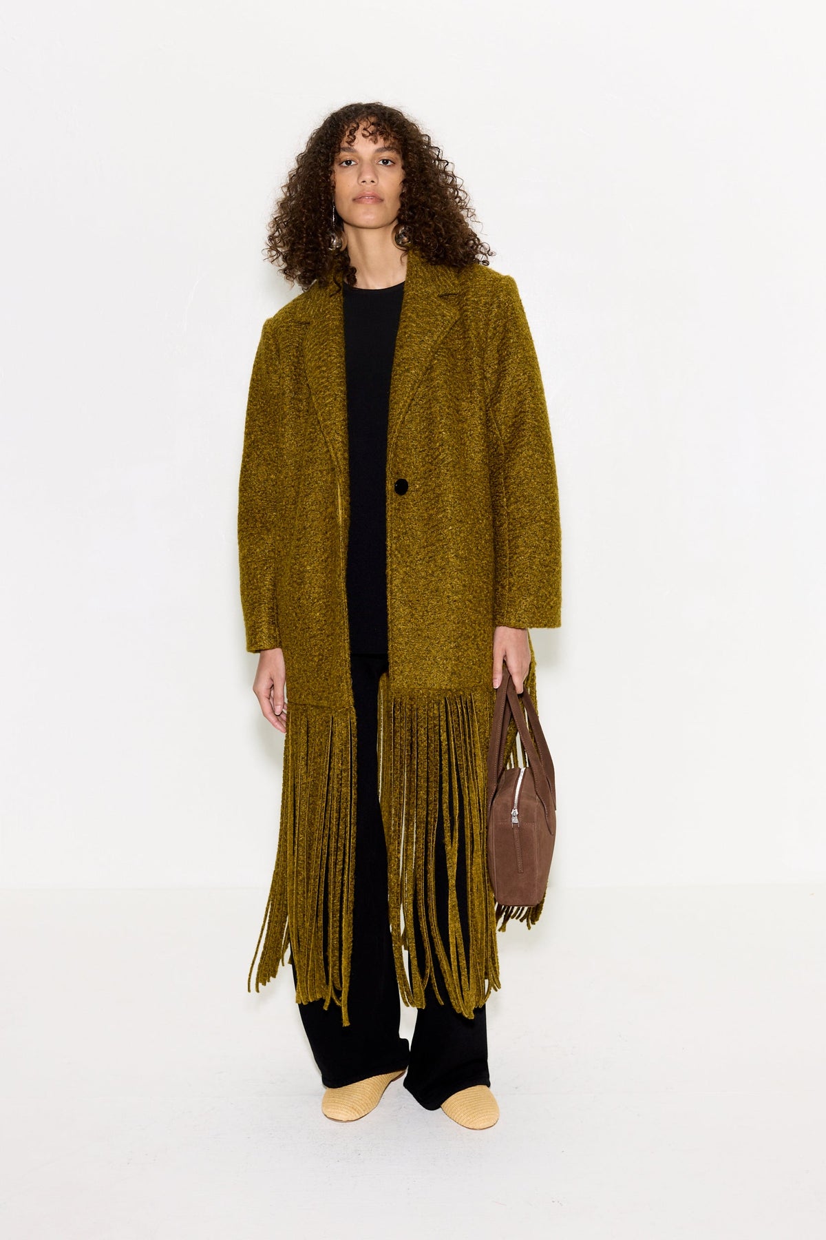 Vero Fringe Coat In Mustard Melange