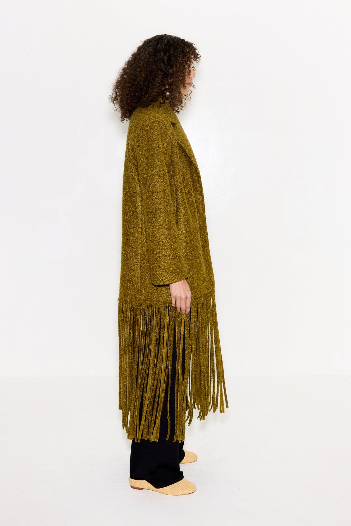 Vero Fringe Coat In Mustard Melange