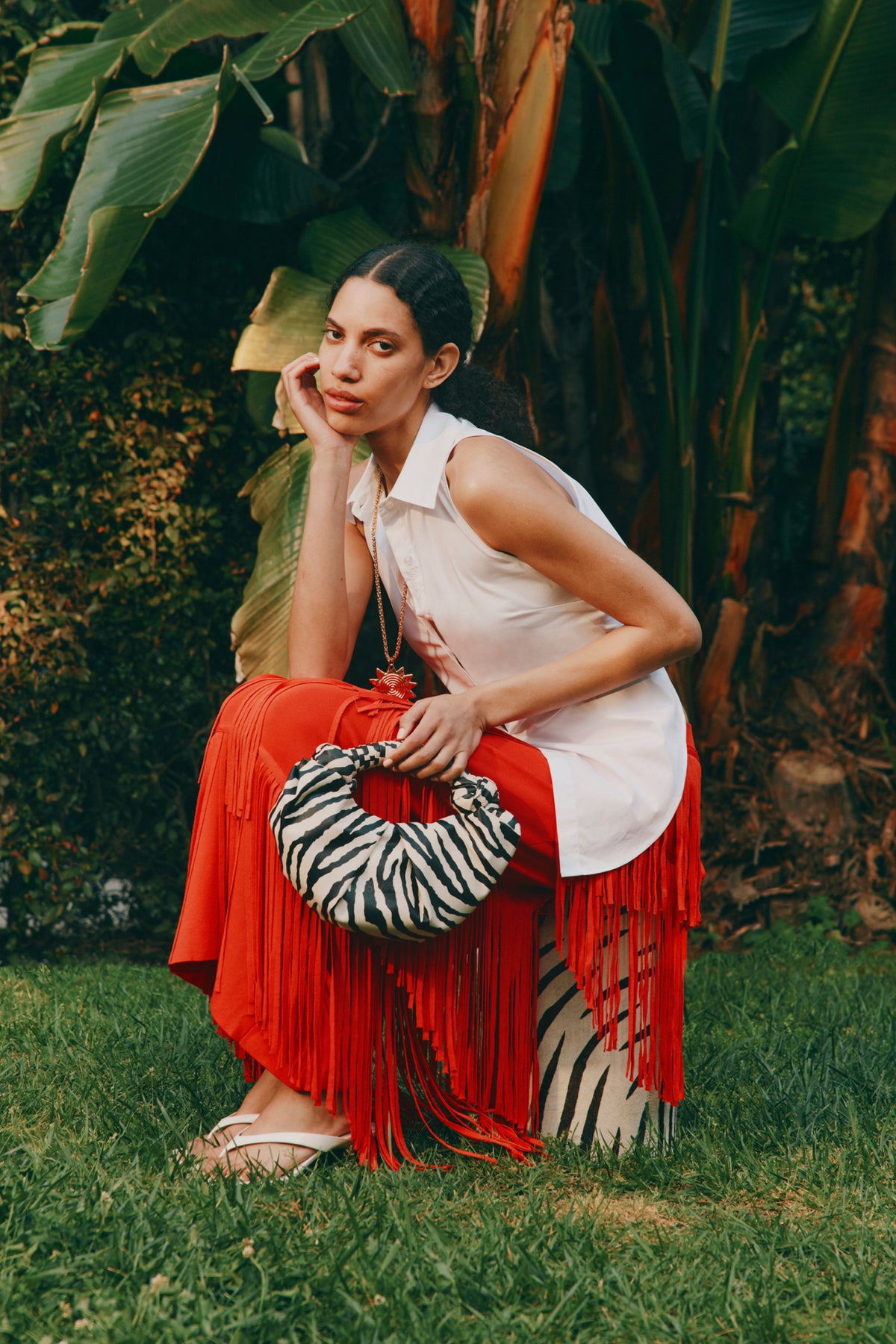 Za Za Knit Fringe Skirt in Coral Red