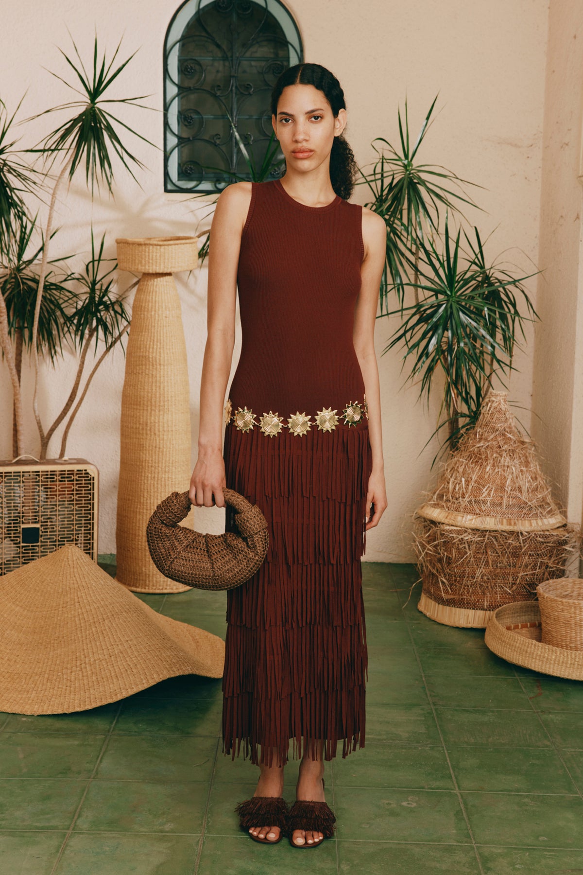 Za Za Sleeveless Knit Fringe Dress in Choco Brown