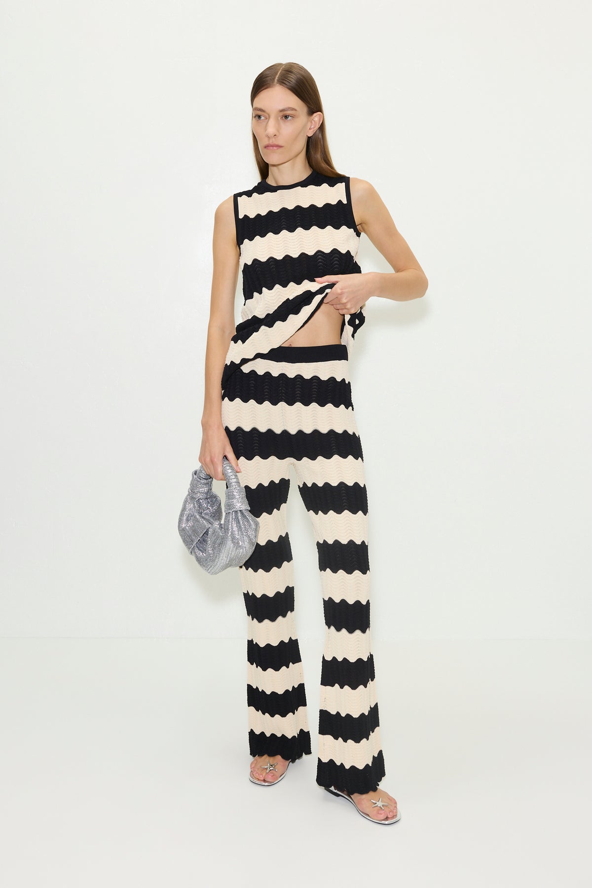 Moji Knit Pant in Black/Macadamia Wave Stripe
