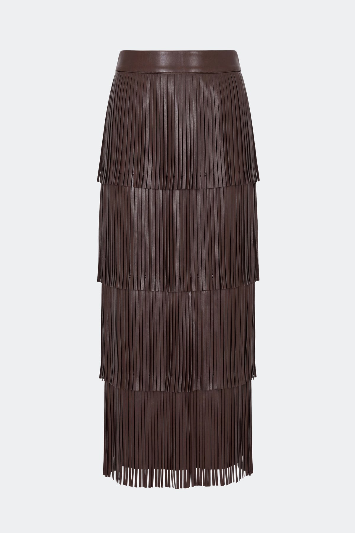 Za Za Vegan Leather Fringe Skirt In Dark Choco Brown