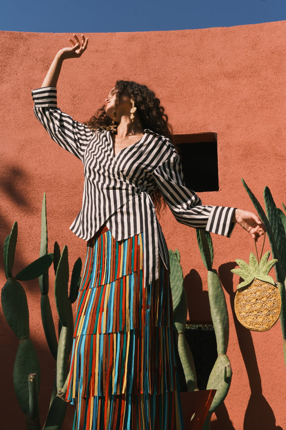 Anya Poplin Wrap Top In Black/White Stripe