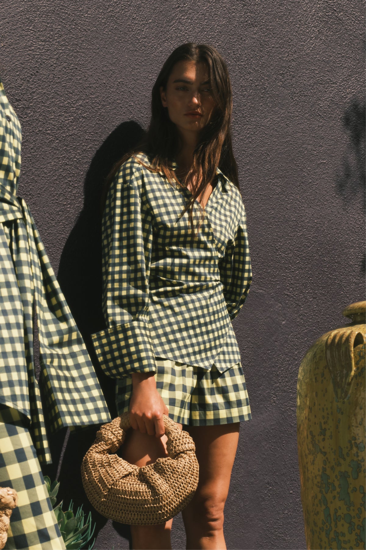 Anya Poplin Wrap Top In Peridot/Ebony Gingham