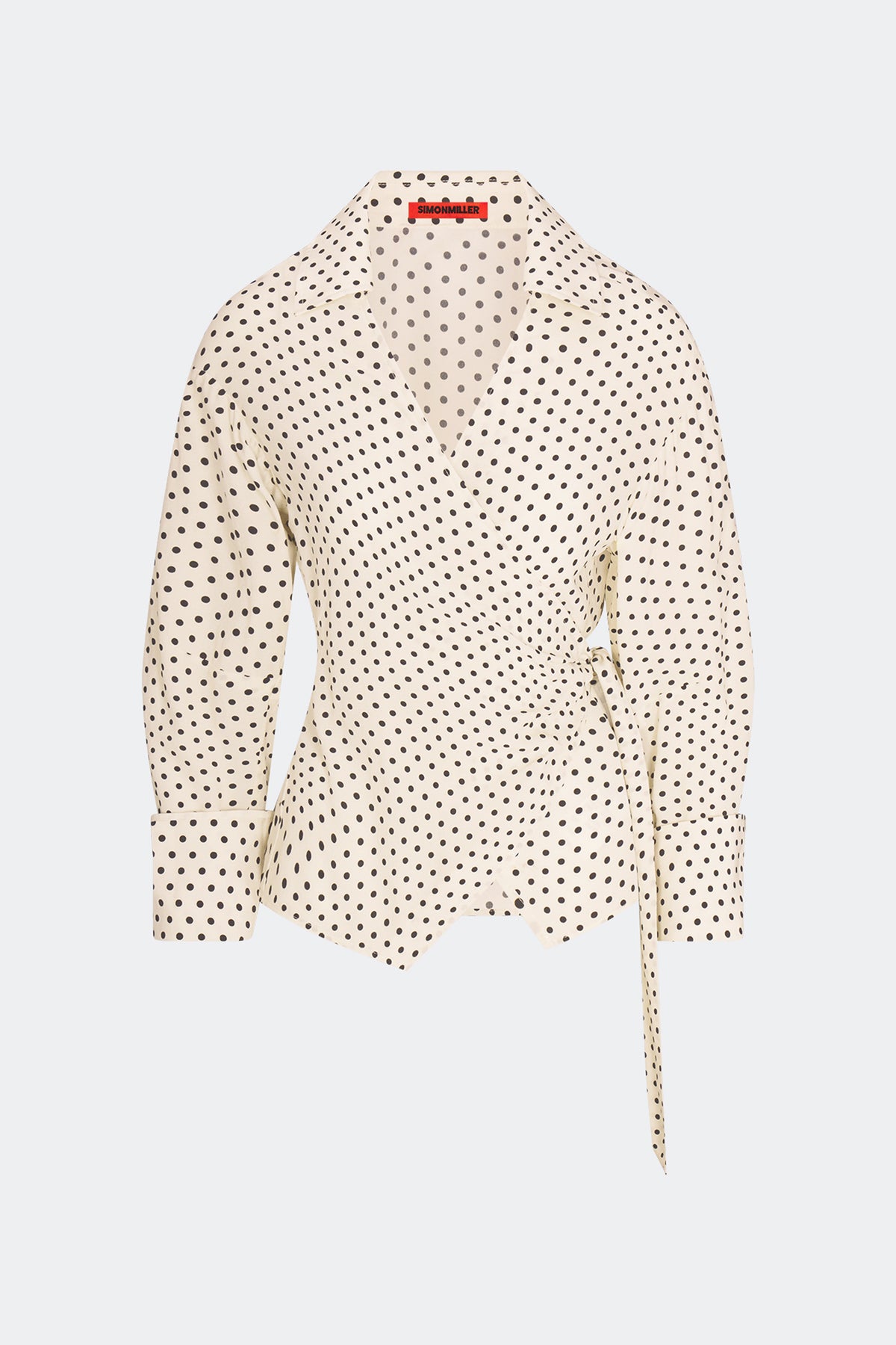 Anya Crepe Wrap Top In Macadamia/Black Polka Dot