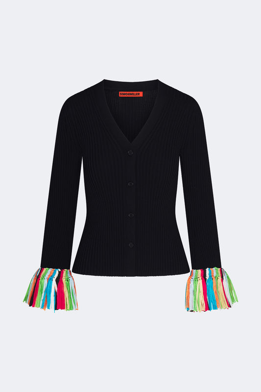 Cara Knit Fringe Cardigan In Black Multi