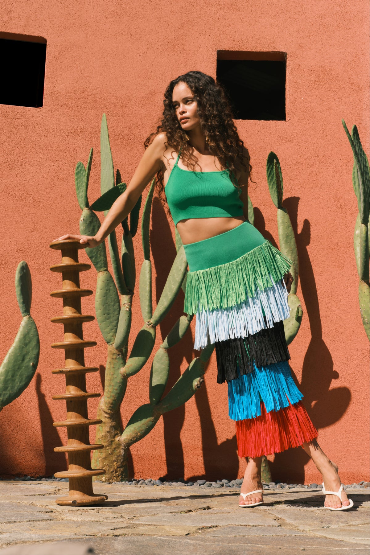 Dio Fringe Knit Skirt In Grass Green Multi