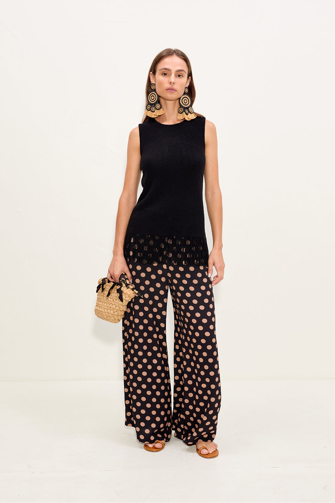 Nella Crepe Wide Leg Pant In Black/Tan Polka Dot
