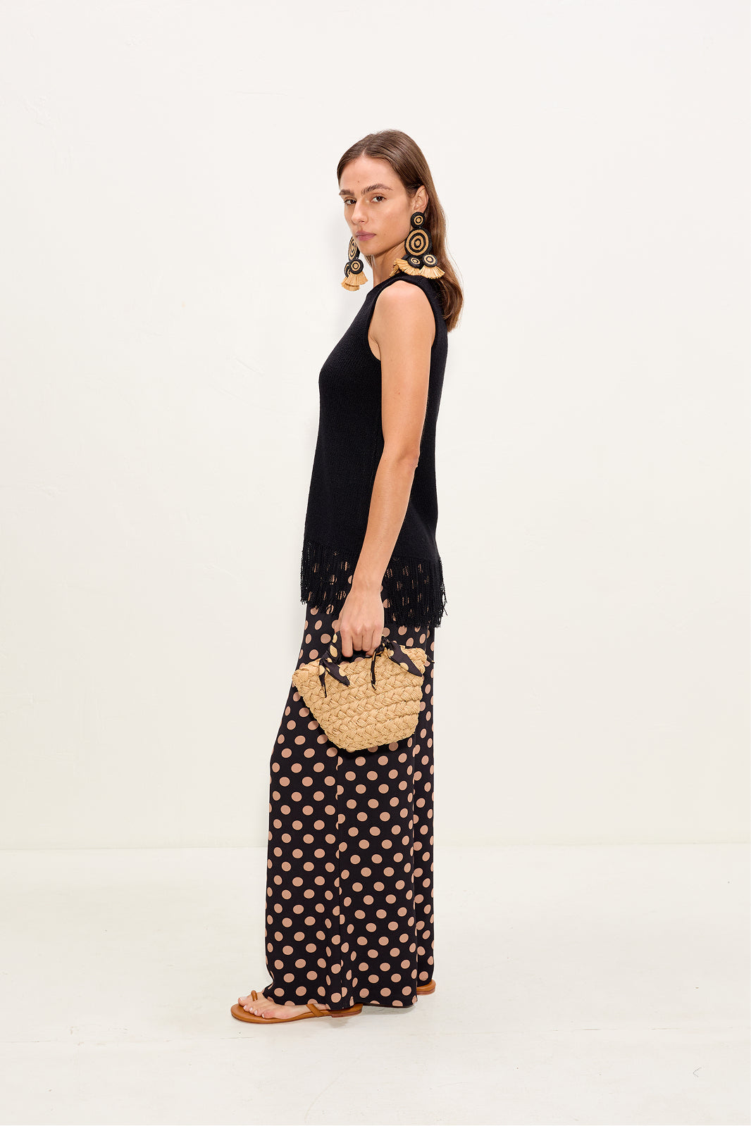 Nella Crepe Wide Leg Pant In Black/Tan Polka Dot