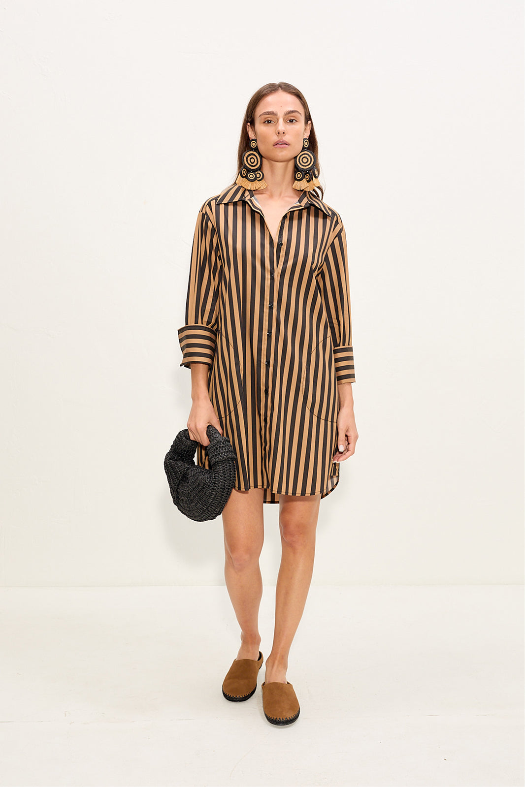 Kena Poplin Dress In Black/Tan Stripe