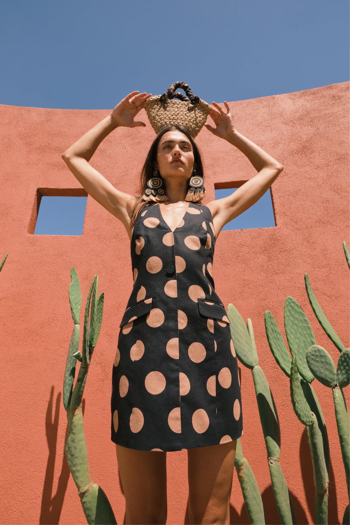 Kirra Linen Mini Dress In Black/Tan Polka Dot