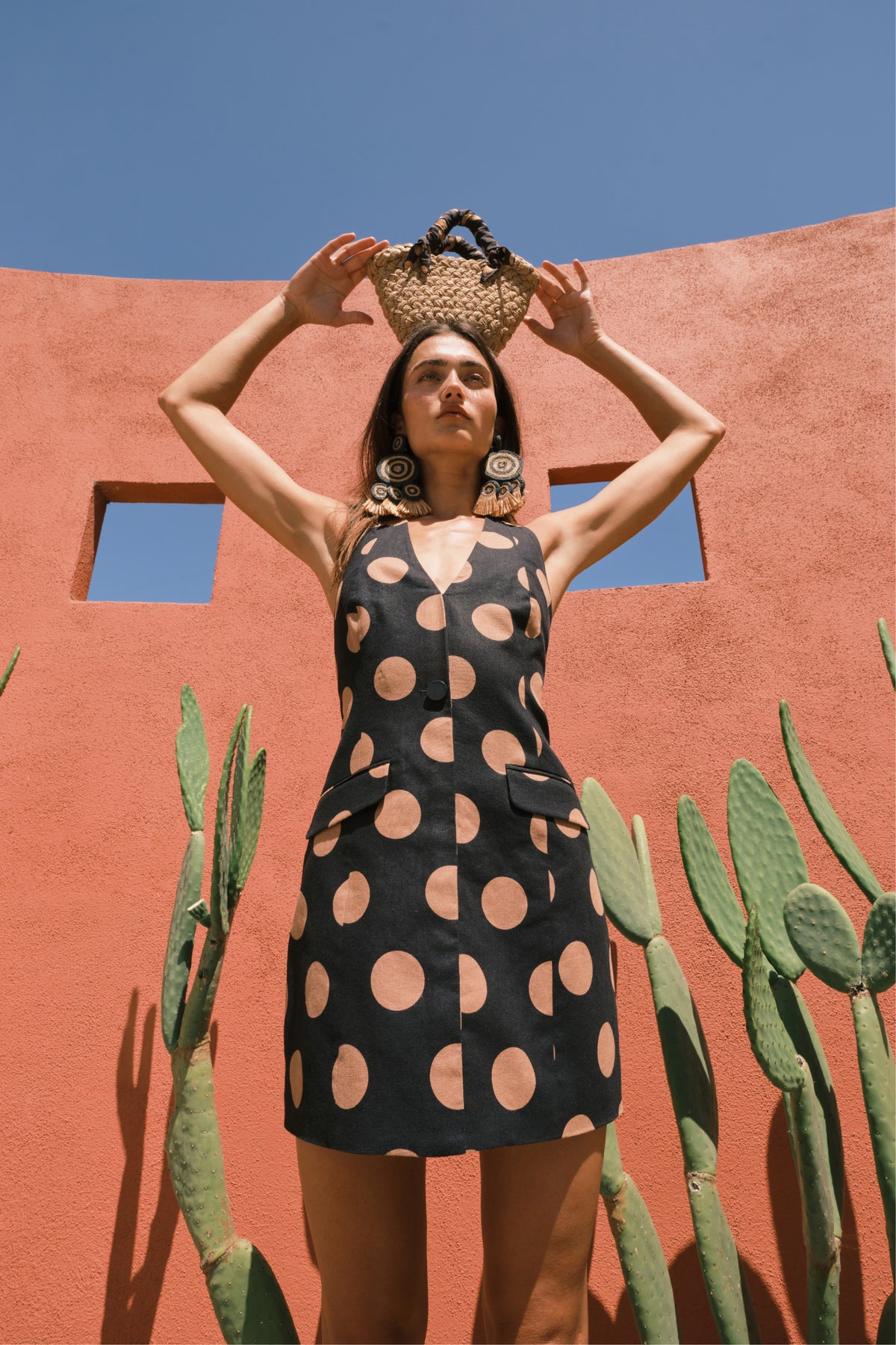 Kirra Linen Mini Dress In Black/Tan Polka Dot