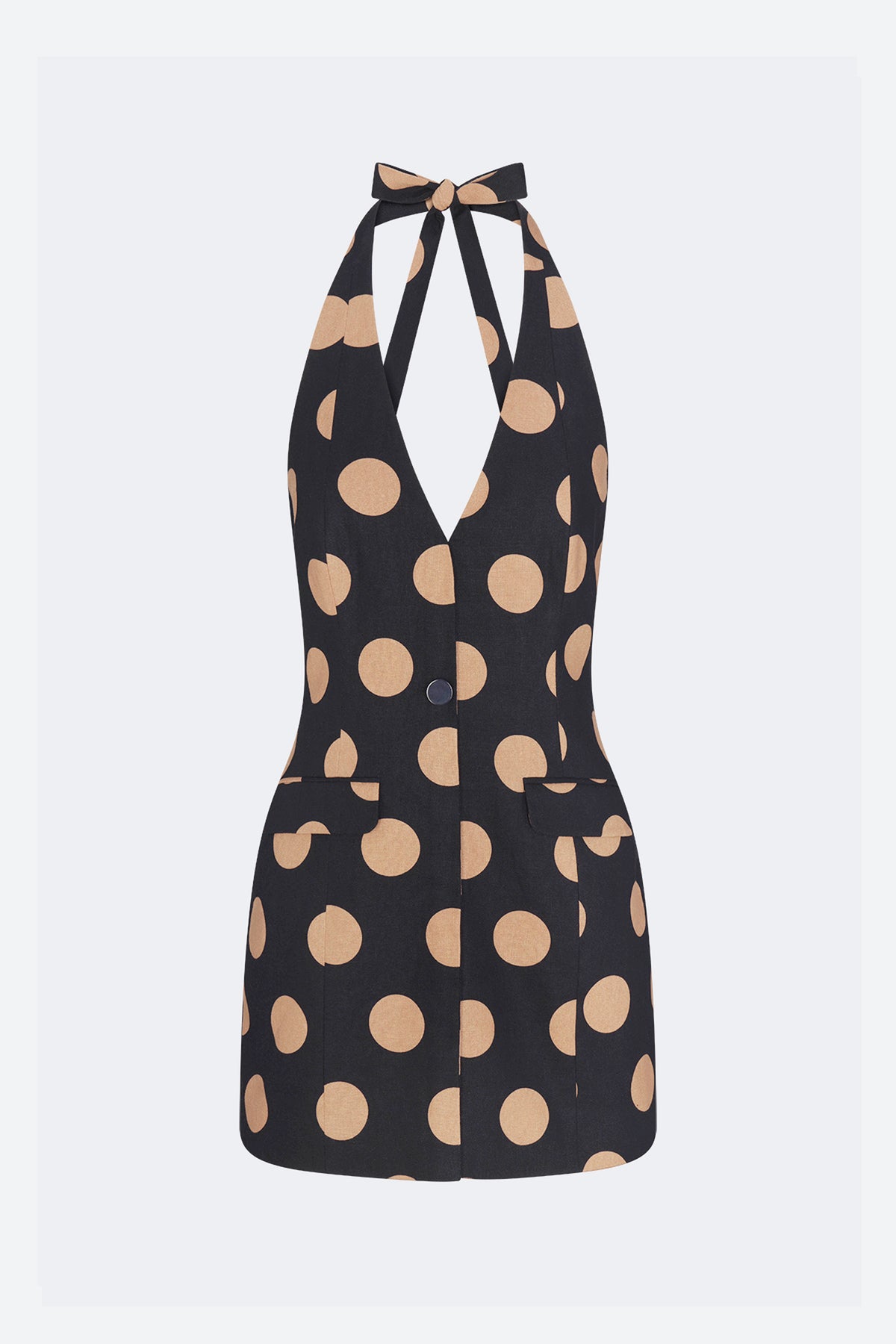 Kirra Linen Mini Dress In Black/Tan Polka Dot