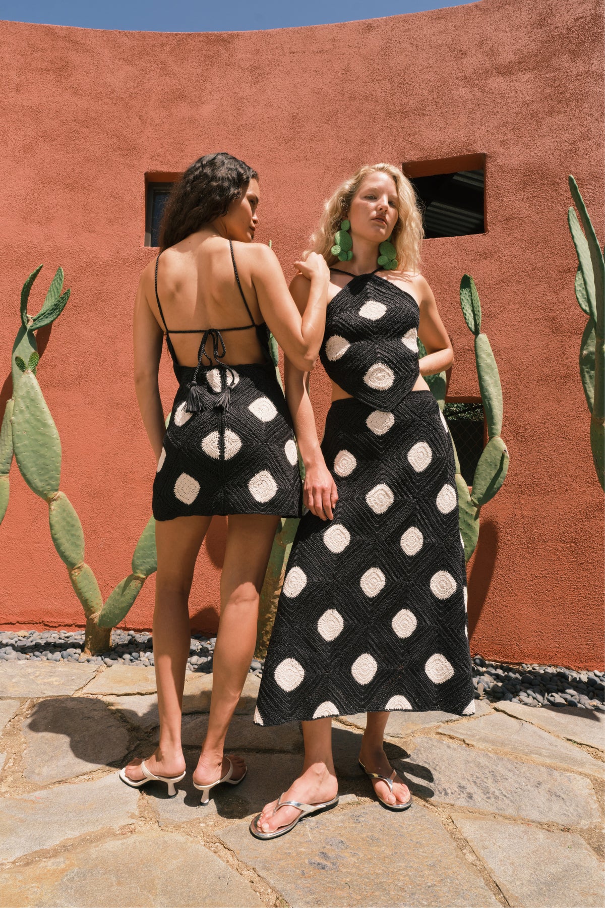 Kit Crochet Mini Dress In Black/Macadamia Polka Dot