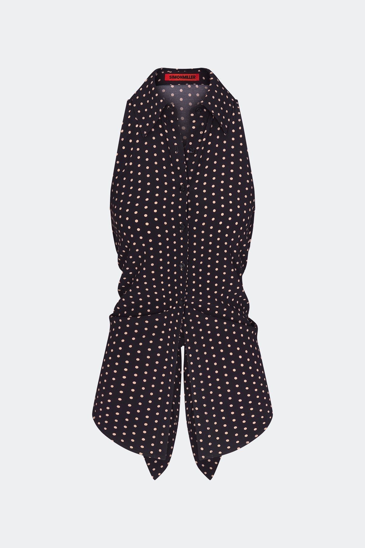 Loch Sleeveless Crepe Button Up In Black/Tan Polka Dot