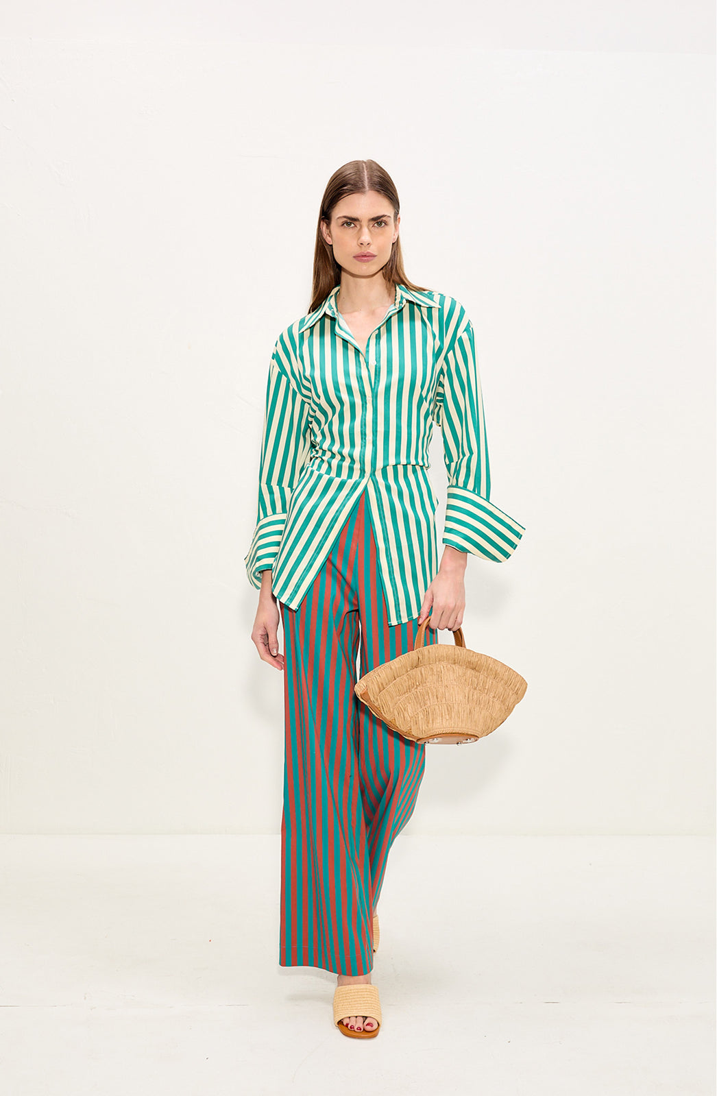 Loch Poplin Button Up In Teal/Cream Stripe