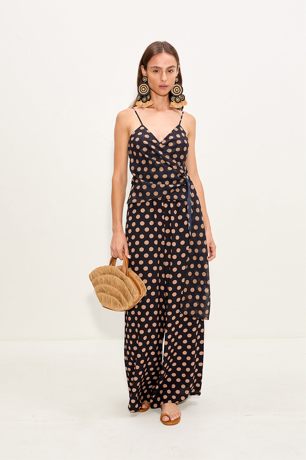 Marlowe Chiffon Tie Tank In Black/Tan Polka Dot
