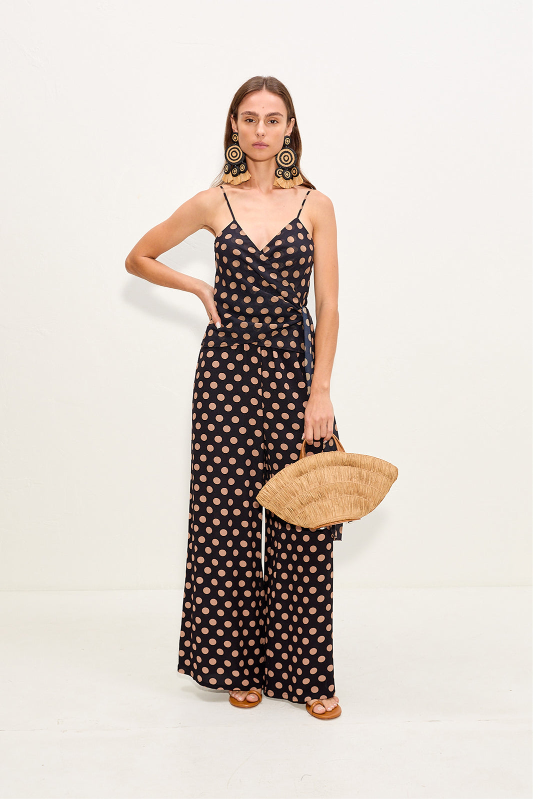 Marlowe Chiffon Tie Tank In Black/Tan Polka Dot